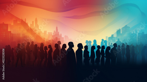 Vibrant Colored Silhouette Profiles of People Engaged in Dialogue - Multiple Exposure Shot with Talking Crowd