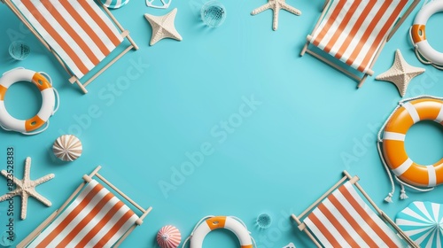 High key summer beach scene with striped deck chairs, life buoys, and starfish on a blue background photo
