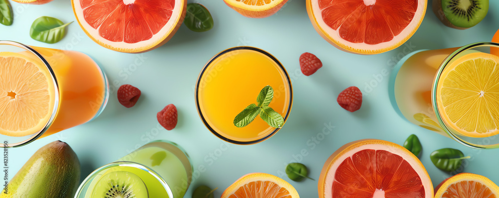Fresh squeezed juice flat design top view fruit beverage 3D render vivid Fresh squeezed juice flat design top view fruit beverage 3D render vivid