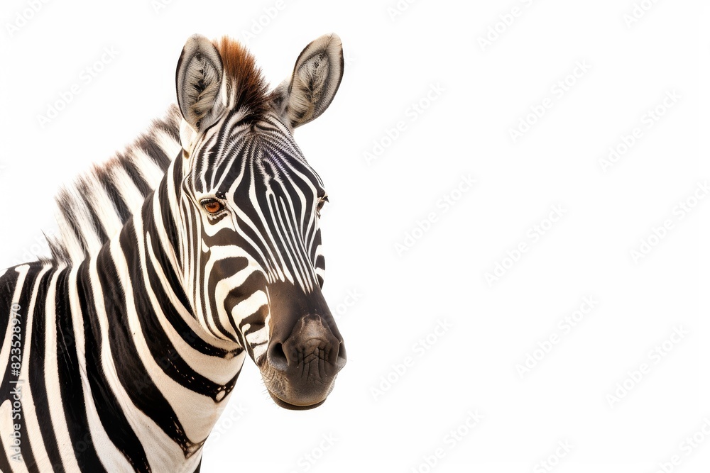 Mystic portrait of Zebra, copy space on right side, Anger, Menacing, Headshot, Close-up View Isolated on white background Mystic portrait of Zebra, copy space on right side, Anger, Menacing, Headshot, Close-up View Isolated on white background