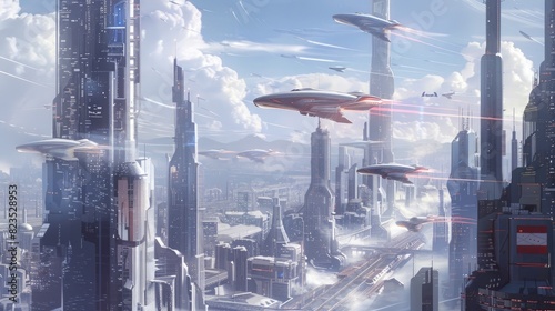 A futuristic cityscape with sleek buildings and flying cars zooming through the sky.