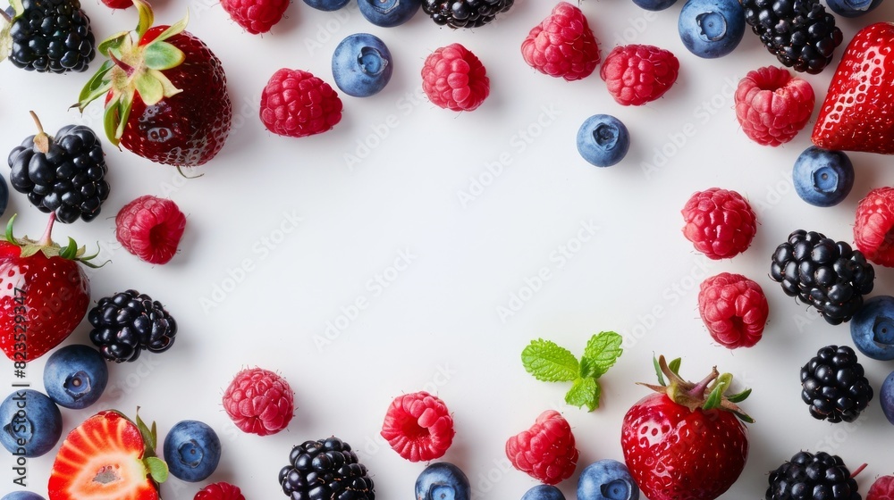 High-key mockup with vibrant berries frame on white background High-key mockup with vibrant berries frame on white background