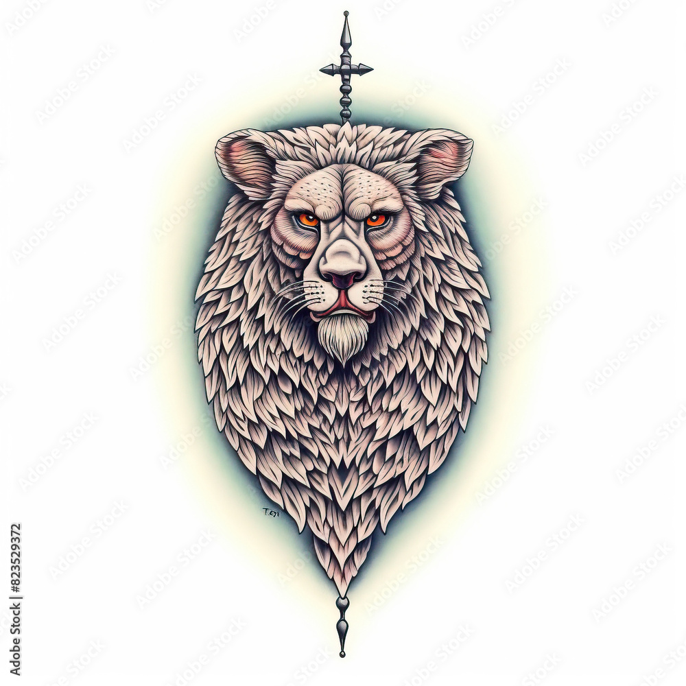 Lion head with intricate fur details and a sword above in tattoo design Lion head with intricate fur details and a sword above in tattoo design