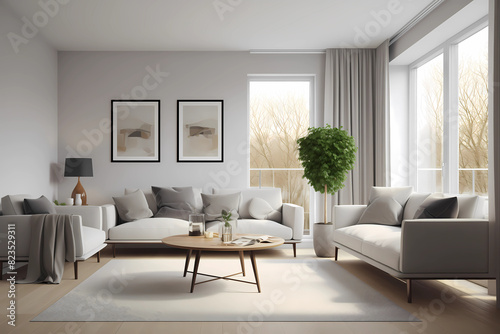 Interior of light living room with grey sofas, coffee table and large window © Another World