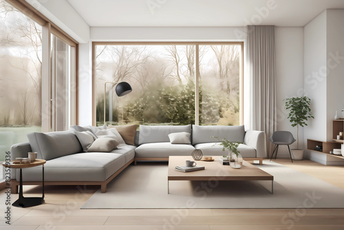Interior of light living room with grey sofas  coffee table and large window