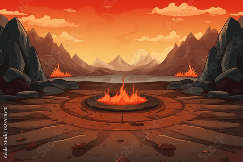 Fantasy Lava Landscape with Fire and Mountains  Dramatic Sunset  Adventure Background
