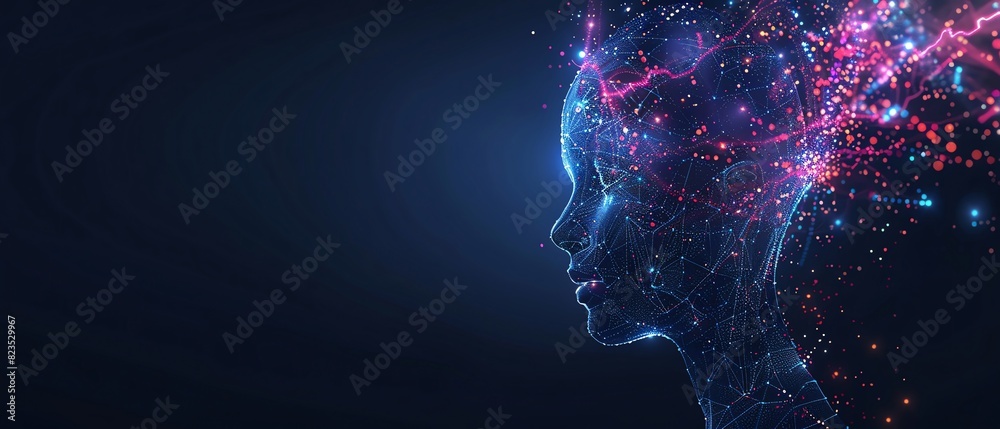 Fototapeta premium Navy color digital hologram futuristic face neuron link on a neuron connection, Artificial intelligence concept, isolated on black background