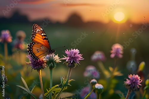 summer nature background with wildflower and butterfly against sunset sky. beautiful summer banner. Generative AI  © Azhar