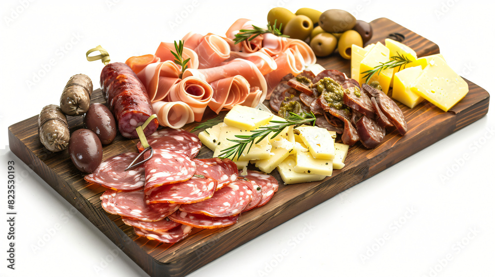 Serving board with delicious cured ham cheese sausage