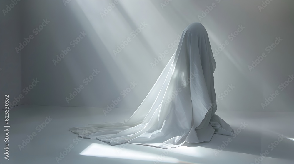 Minimalist Room Spotlights Intriguing Mystery Object Concealed Under White Cloth Minimalist Room Spotlights Intriguing Mystery Object Concealed Under White Cloth
