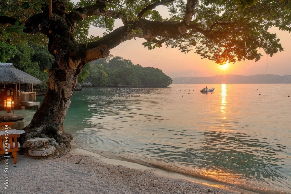 Setting Sun Over Beach With Tree and Huts