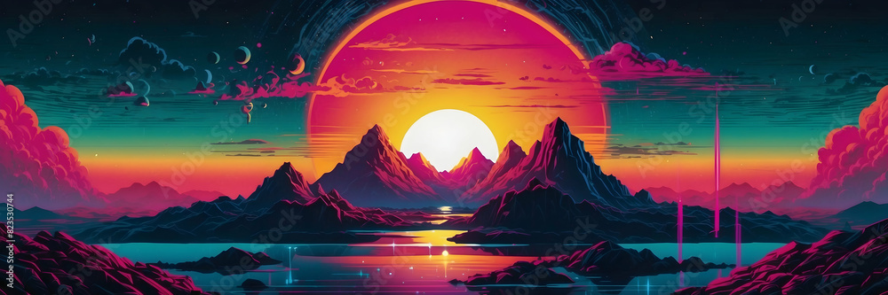 A retro-futuristic landscape scene with vivid colors featuring mountains and a large sun on the horizon