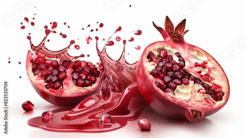Photorealistic pomogranate slices and juice splash isolated. photo