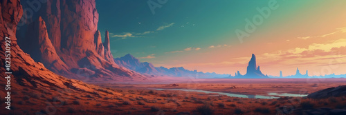 An illustration of a vast desert landscape with cliffs, buttes, and a river under a sunset sky