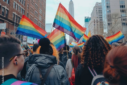 A group of people marching with rainbow flags during a Pride parade photo