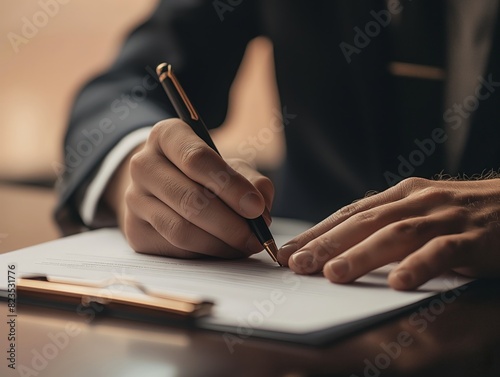 Close-up of a businessman in a suit signing a document on a clipboard, symbolizing professionalism and agreement.