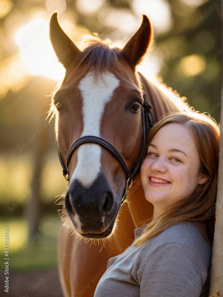 Obraz premium Heartwarming bond between young woman with Down syndrome and horse. Experience of the power of equine therapy during beautiful summer day.