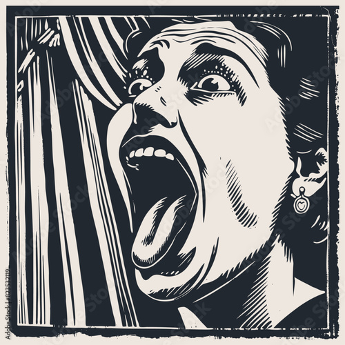 Scared woman screaming in horror in a room with curtains, vector illustration