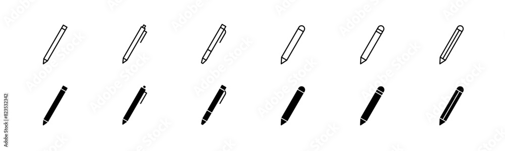 Pen icon set. Line and glyph pen. Pencil sign set