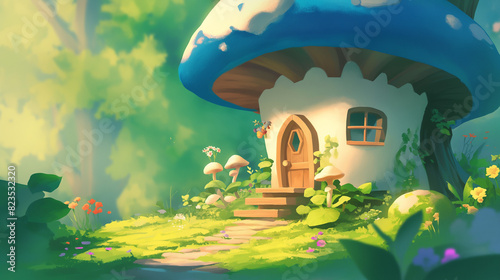 Linda casa em um cogumelo na floresta verde - Ilustração Infantil photo