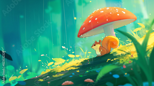 Personagem esquilo fofo se escondendo da chuva sob um cogumelo na floresta verde photo