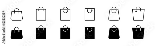 Shopping bag icon set. Line and glyph shopping bag. photo