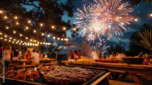 Festive outdoor party with barbecue, fairy lights, and fireworks in the evening sky, creating a joyful celebration atmosphere.