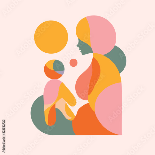 Warm Embrace: An Illustrative Journey into Family, Motherhood, and Human Connections with Soft Biomorphic Forms and Human-like Shapes Depicting the Essence of Relationships and Emotional Bonds