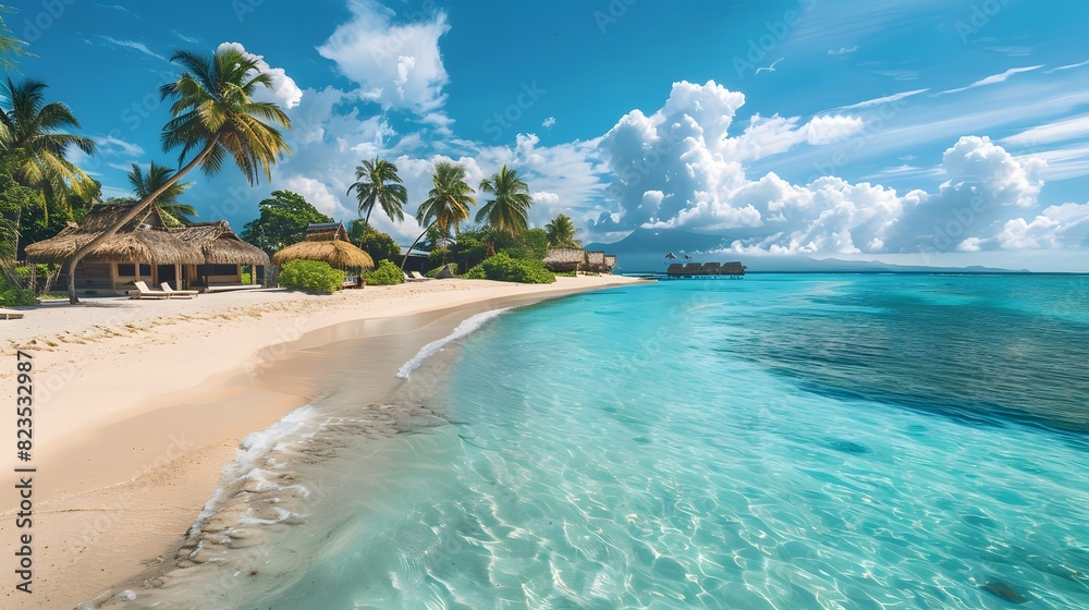 Fototapeta premium A beautiful tropical beach with white sand, palm trees and thatched huts on the shore. A crystalclear turquoise sea lines up along one side of the sandy expanse. 