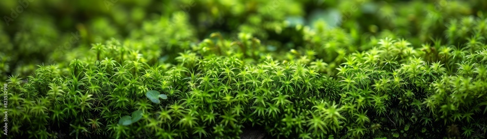 Close-up image of lush green moss growing in a natural environment, showcasing the beauty and texture of the tiny plant details. Close-up image of lush green moss growing in a natural environment, showcasing the beauty and texture of the tiny plant details.