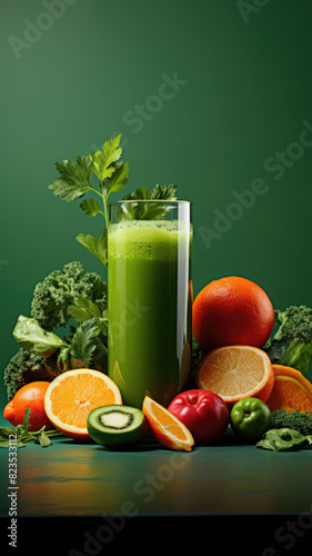 Glass of green juice with assorted vegetables and fruits on green background