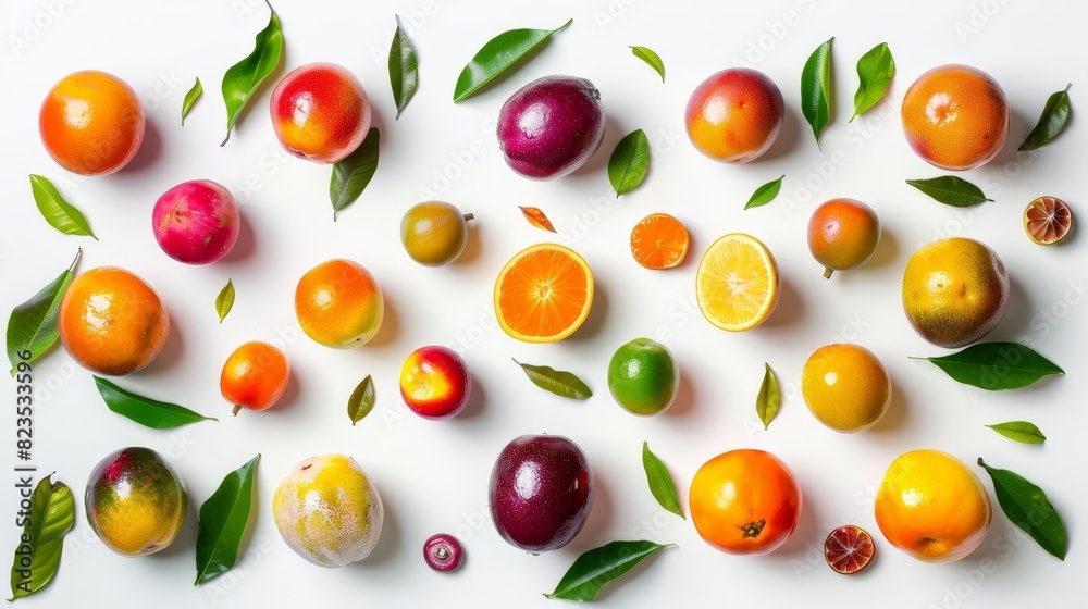 A vibrant assortment of fresh citrus fruits and leaves arranged on a white background, showcasing their colorful and natural beauty. A vibrant assortment of fresh citrus fruits and leaves arranged on a white background, showcasing their colorful and natural beauty.