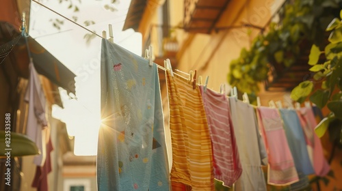 clothesline with freshly dried clothes on sunny day, bringing warmth and comfort, Sunlit sheets and pillowcases hanging on a clothesline in a backyard garden, radiating the charm of a tranquil summer  photo