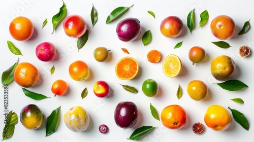 Wallpaper Mural A vibrant assortment of fresh citrus fruits and leaves arranged on a white background, showcasing their colorful and natural beauty. Torontodigital.ca
