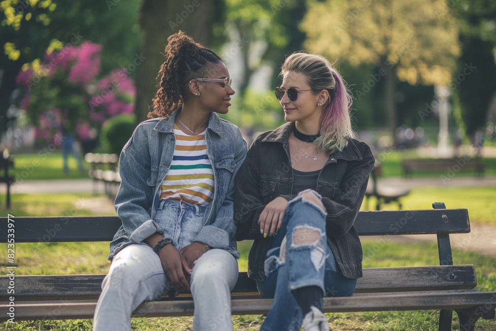 Two women sit on a park bench, enjoying the tranquility of the evening sunset. Two women sit on a park bench, enjoying the tranquility of the evening sunset.