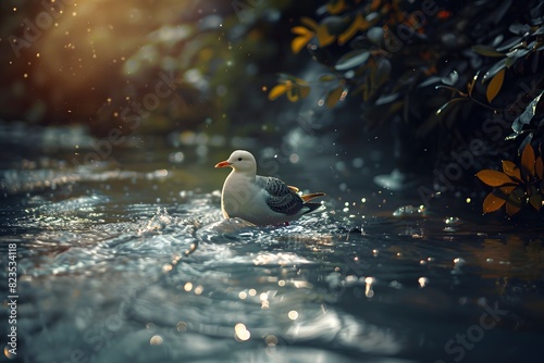a bird swims in a deep river