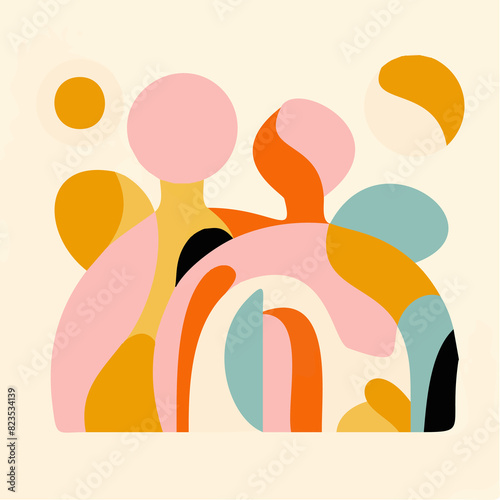 Warm Embrace: An Illustrative Journey into Family, Motherhood, and Human Connections with Soft Biomorphic Forms and Human-like Shapes Depicting the Essence of Relationships and Emotional Bonds