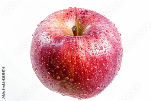 Close-up of a fresh red apple with water droplets on its surface, isolated on a white background. High-quality fruit image.