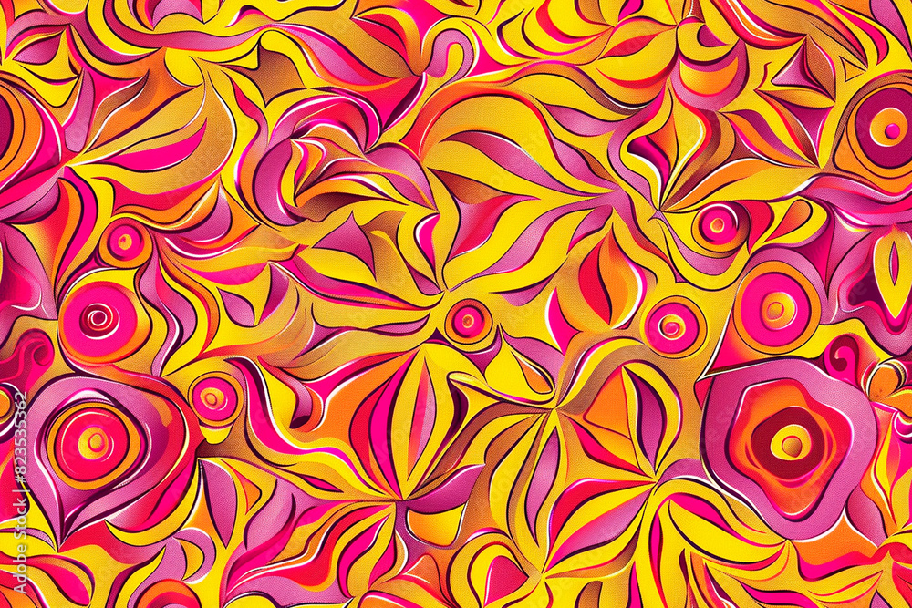 Psychedelic swirl pattern in bright yellow, orange, and pink hues, ideal for energetic and retro-inspired designs Psychedelic swirl pattern in bright yellow, orange, and pink hues, ideal for energetic and retro-inspired designs