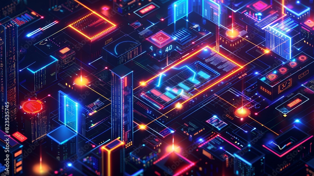 Obraz premium Colorful futuristic cityscape with neon lights, glowing buildings, and vibrant geometric shapes representing modern technology and innovation.