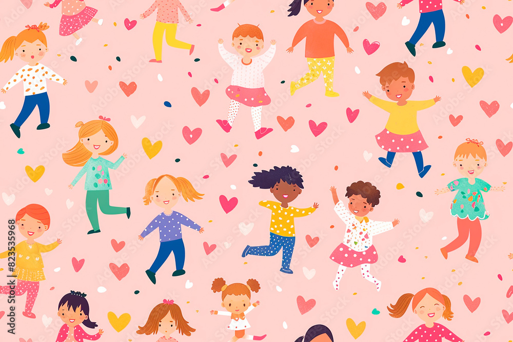Seamless pattern featuring cute children playing on a pink background with heart shapes, perfect for playful and cheerful decoration and designs Seamless pattern featuring cute children playing on a pink background with heart shapes, perfect for playful and cheerful decoration and designs