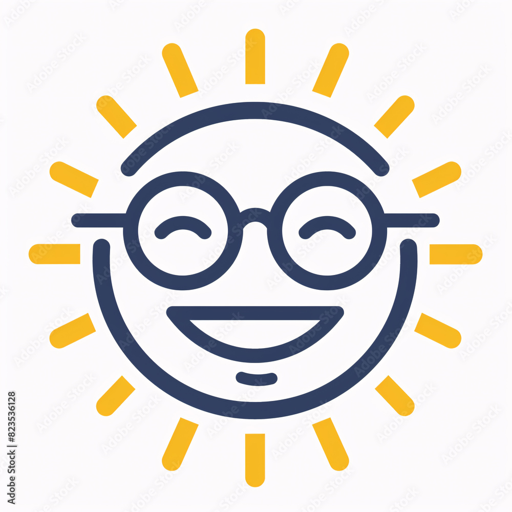 A cheerful sun wearing round glasses, radiating happiness and warmth. Perfect symbol for joy, summer, and positivity. A cheerful sun wearing round glasses, radiating happiness and warmth. Perfect symbol for joy, summer, and positivity.