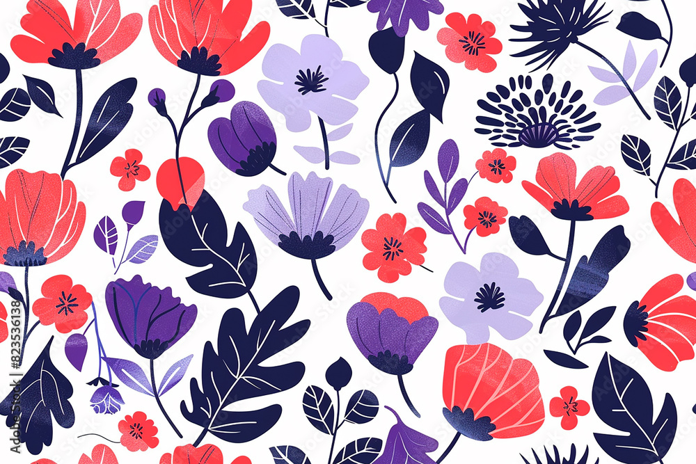 Bold floral pattern with red and purple flowers on a white background, perfect for vibrant and contemporary decoration and textile design Bold floral pattern with red and purple flowers on a white background, perfect for vibrant and contemporary decoration and textile design
