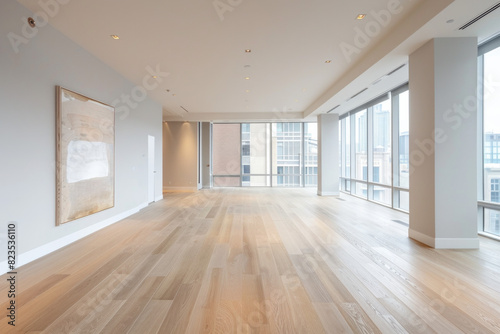 An elegant  minimalist yoga studio characterized by its simplicity and clean lines. The room has a muted color palette of soft grays and whites  with seamless  sleek wooden flooring. 