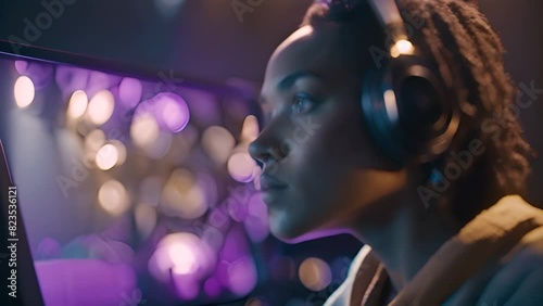 Woman Wearing Headphones Looking at Computer Screen Generative AI photo