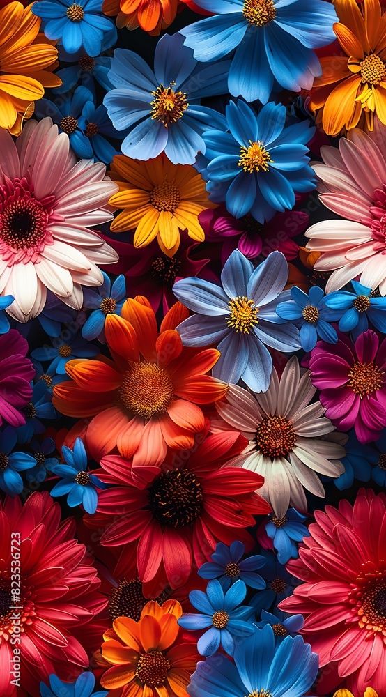 Colorful flower arrangement with blue, red, pink, orange and white blossoms.