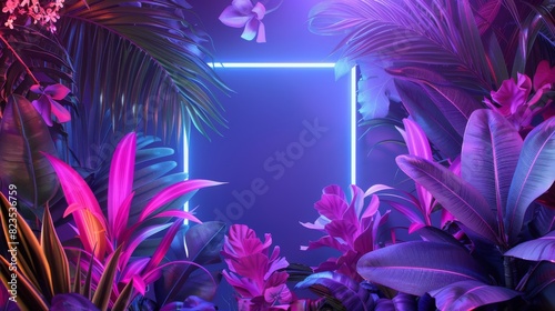 Vibrant pop-art mockup with neon frame and tropical leaves