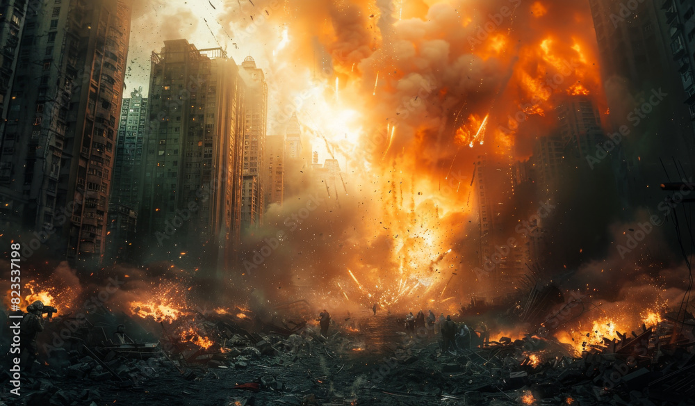 Huge explosion destroys the city. Apocalyptic view of the ruins of the city Huge explosion destroys the city. Apocalyptic view of the ruins of the city