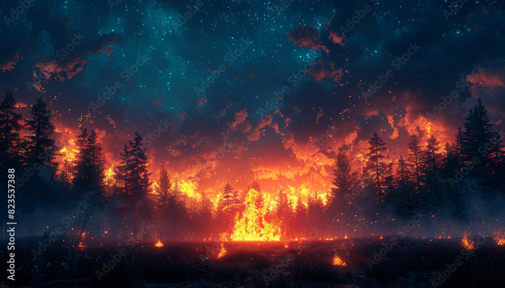 Night fire in the forest