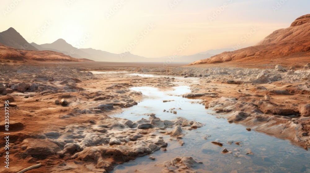 a polluted river flowing through a barren landscape 